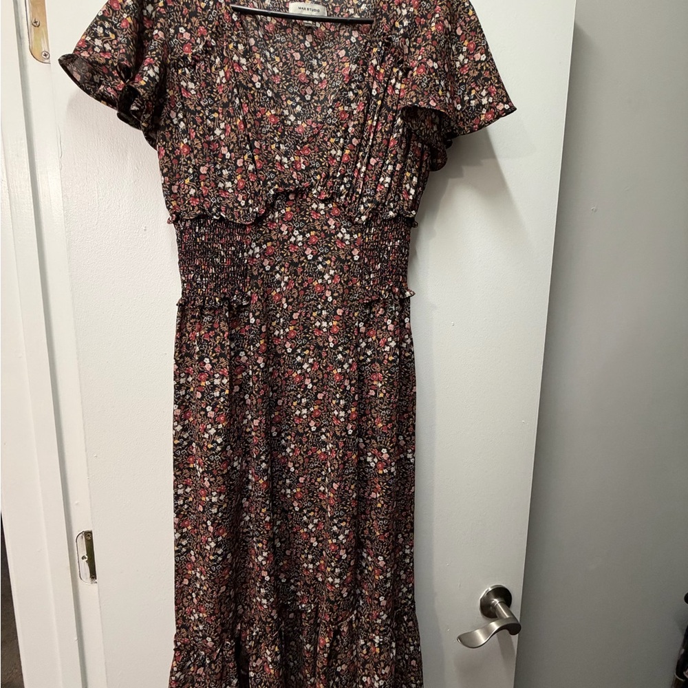 Max Studio Black Floral Maxi Dress with Smocked Waist